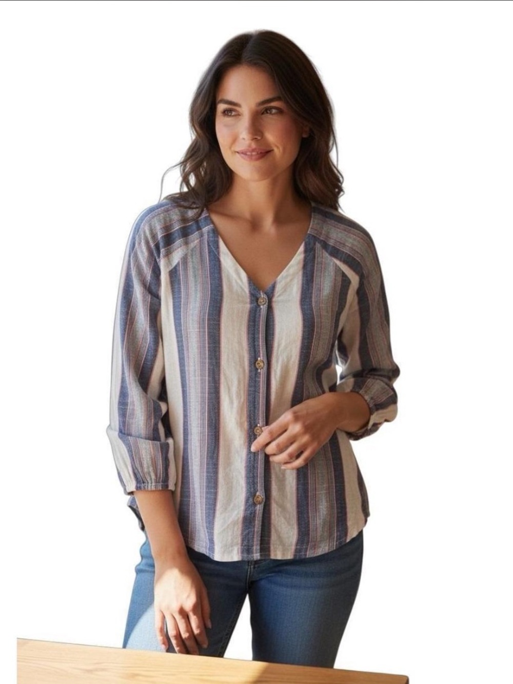Anthropologie Cloth & Stone 100% Cotton Striped Button Top Size S White Coastal